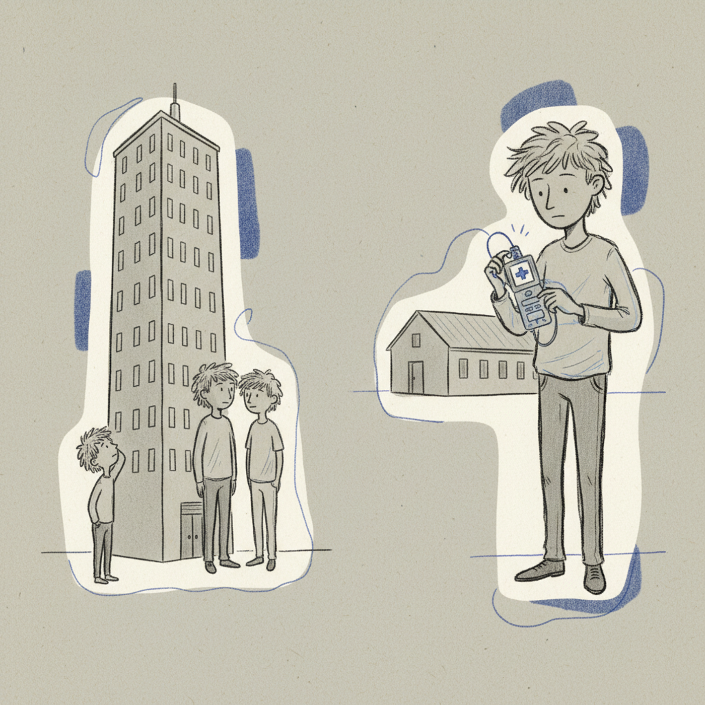 Hand-drawn illustration split into two scenes: a resident dwarfed at the base of a tall hospital tower, and a different resident confidently using a medical instrument outside a small clinic building
