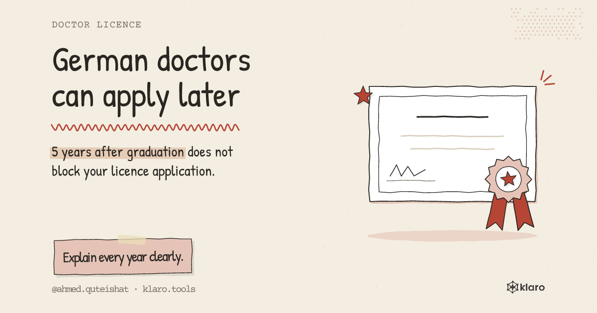 German doctors can apply later: 5 years after graduation does not block your licence application.
