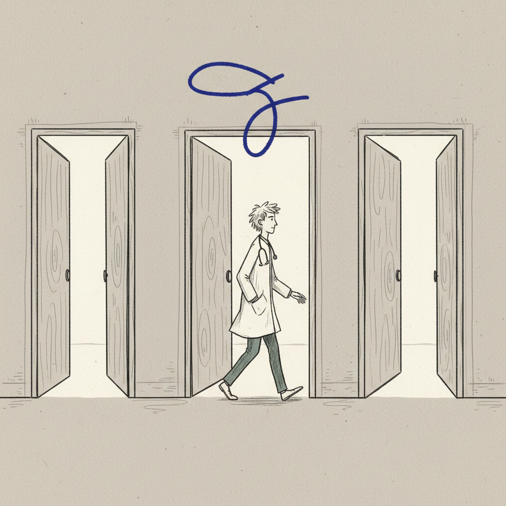 Hand-drawn illustration of a doctor walking toward a row of five wide-open doorways