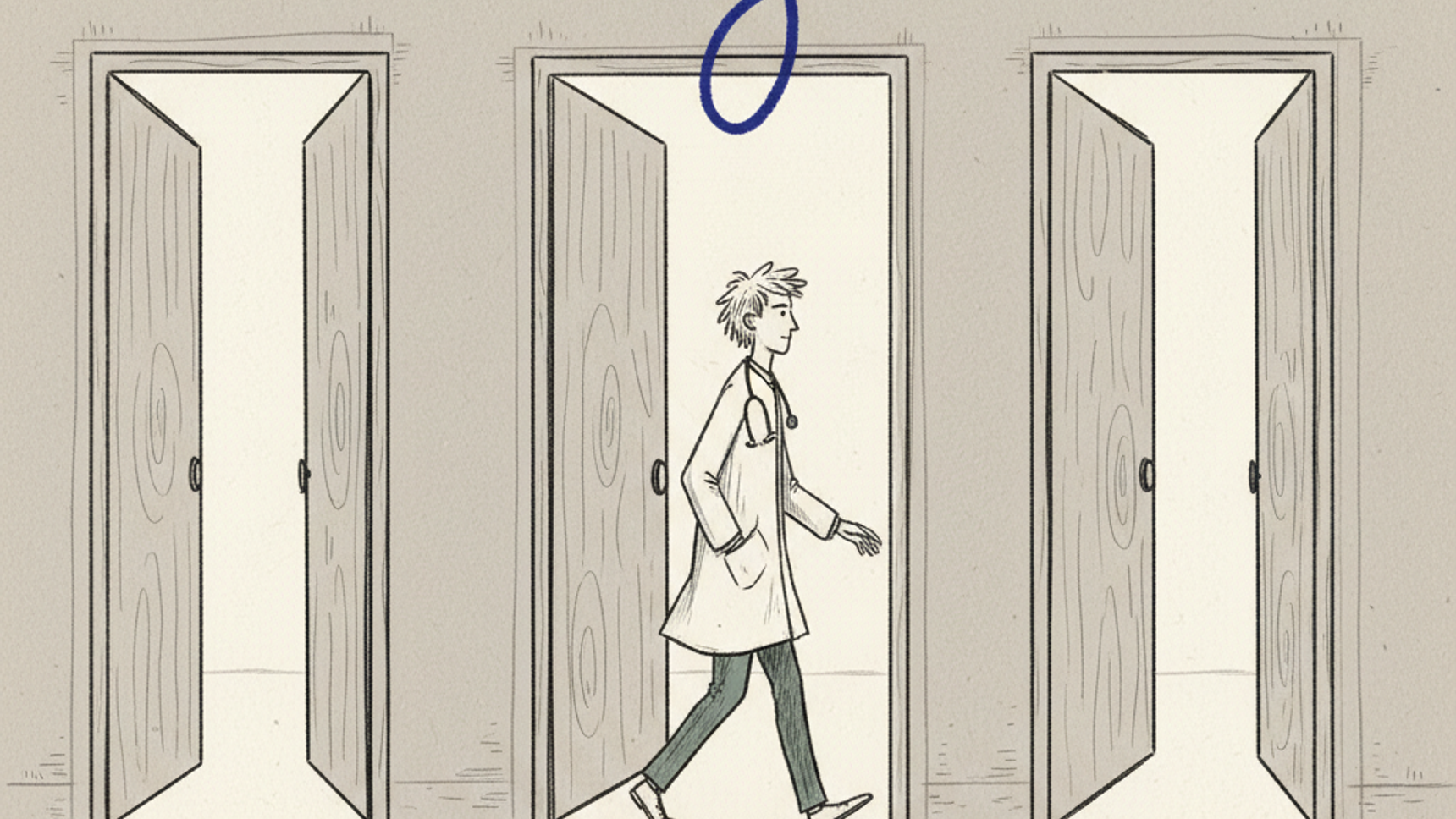 Hand-drawn illustration of a doctor walking toward a row of five wide-open doorways