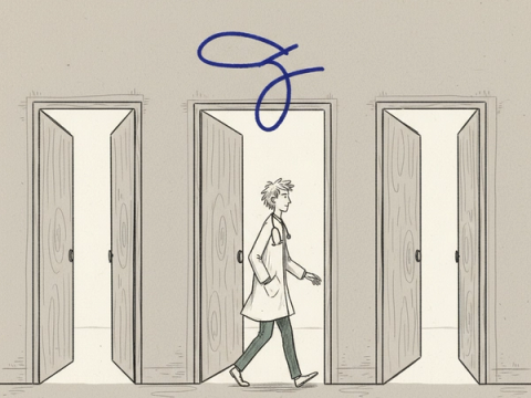 Hand-drawn illustration of a doctor walking toward a row of five wide-open doorways