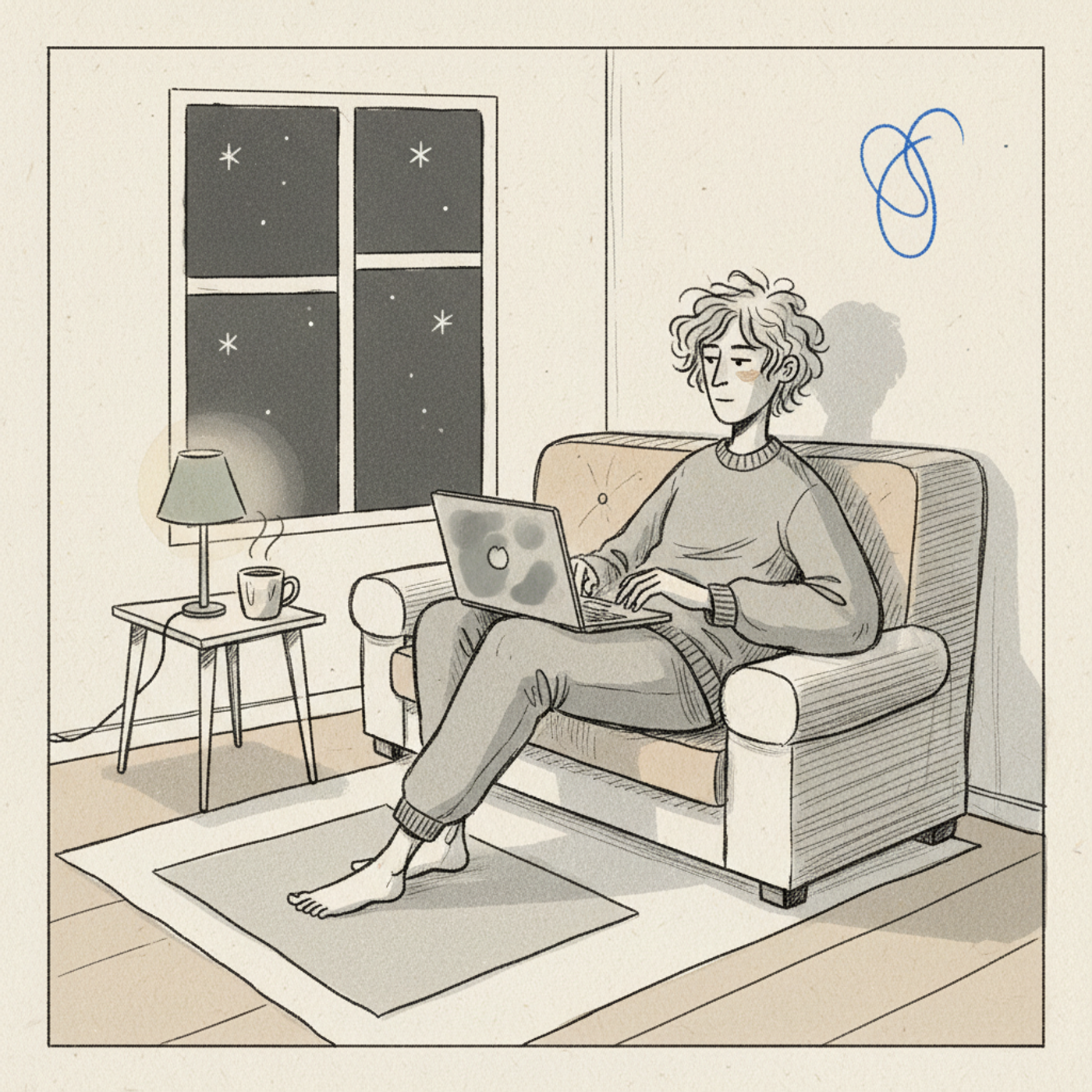 Hand-drawn illustration of a doctor sitting comfortably on a sofa at night with a laptop showing an abstract medical scan
