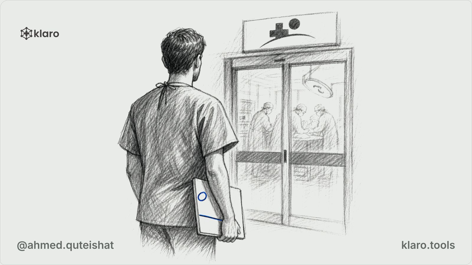 A wide view through an operating-theatre doorway in a German city hospital, with an IMG doctor holding a CV folder beside a wall rota and a distant Berlin skyline through the window, with no text.