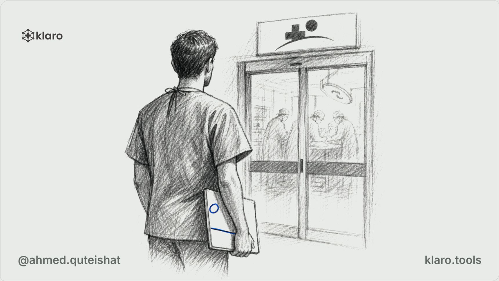 A wide view through an operating-theatre doorway in a German city hospital, with an IMG doctor holding a CV folder beside a wall rota and a distant Berlin skyline through the window, with no text.