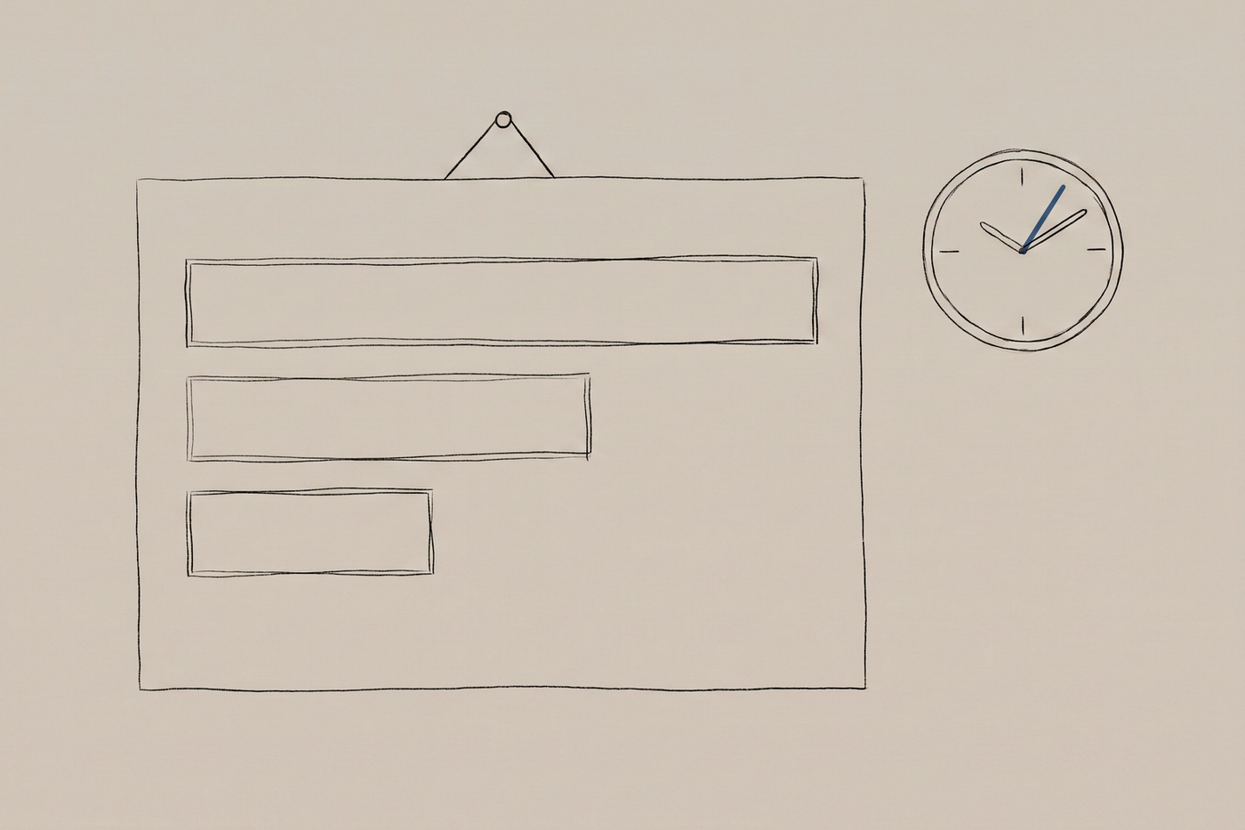 Hand-drawn illustration of a duty roster pinned to a wall showing three blocks of very different lengths, with a wall clock beside it