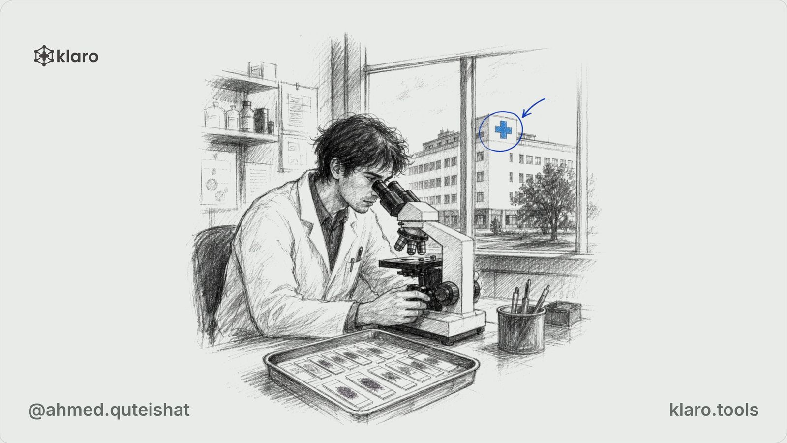 A wide view through the glass door of a German pathology laboratory, with tissue cassettes on a bench, a microscope beside a stack of slides, and a hospital corridor beyond.