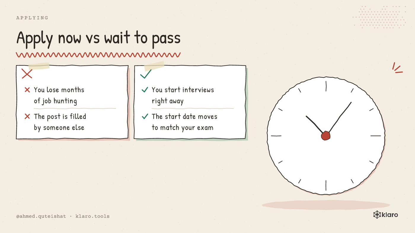 A compare chart: applying now against waiting to pass the exam first.