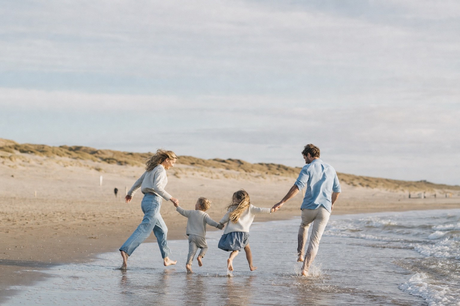 Familie rent langs de vloedlijn bij Bloemendaal aan Zee