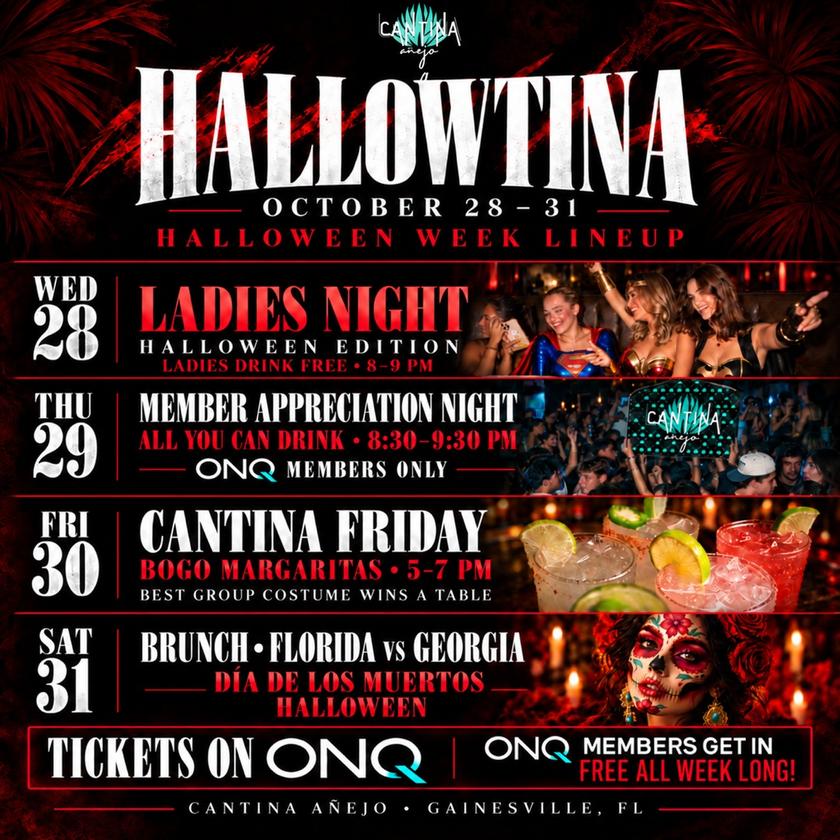 HALLOWTINA WEEK IS HERE 🎃🌵 Four nights. One costume isn’t enough. Swipe for the lineup! 🦇 WED 10/28: Lad…