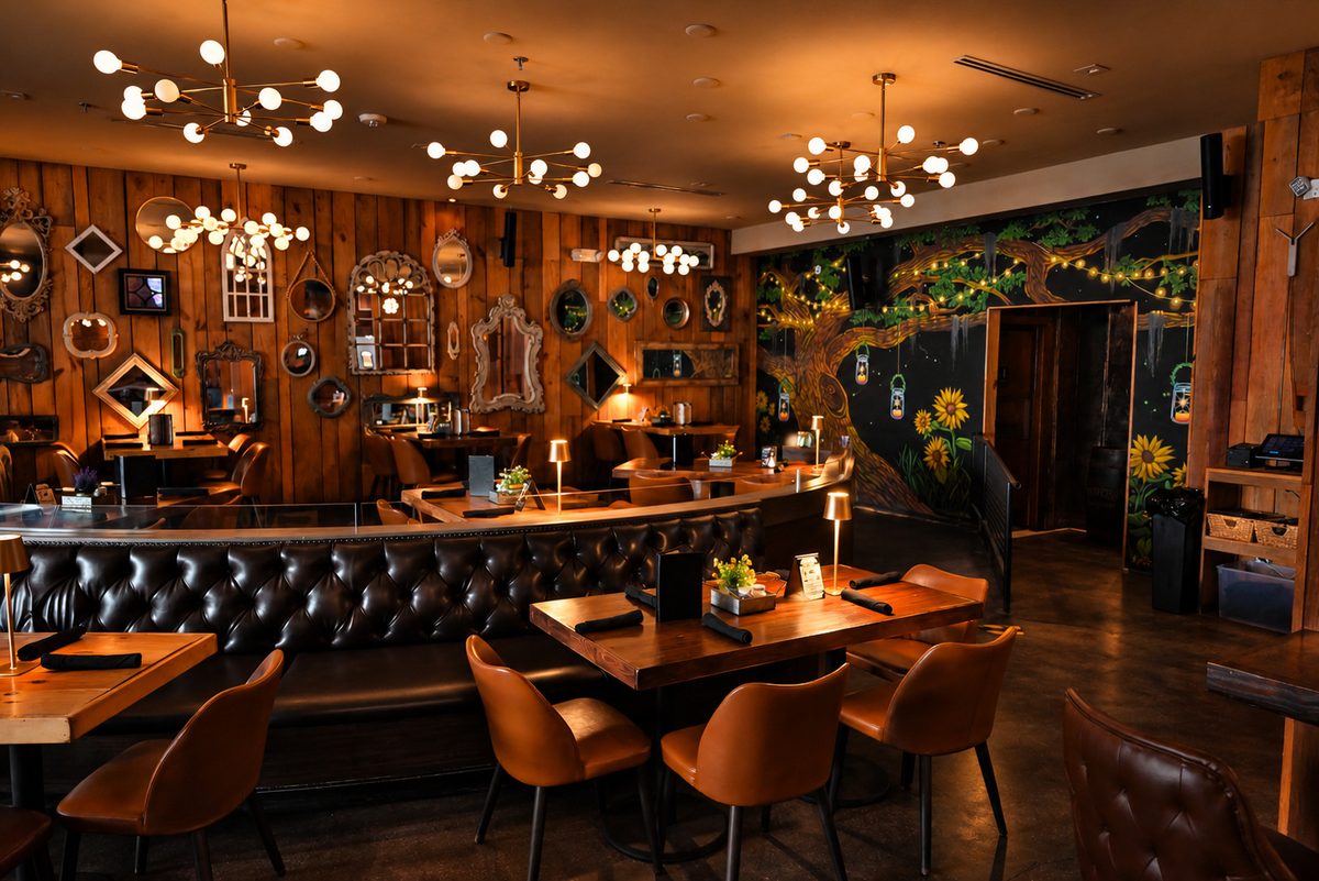 The OAK dining room under the globe chandeliers, with the tree mural