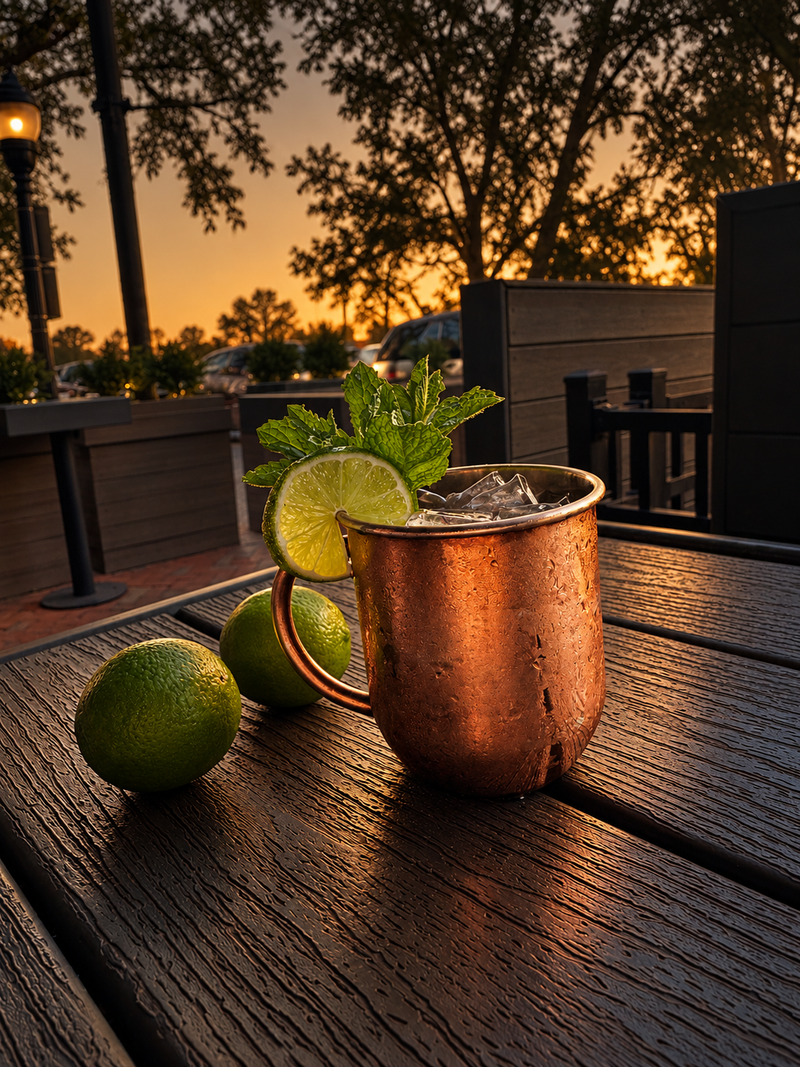 A copper mule mug with lime and mint on the patio at dusk