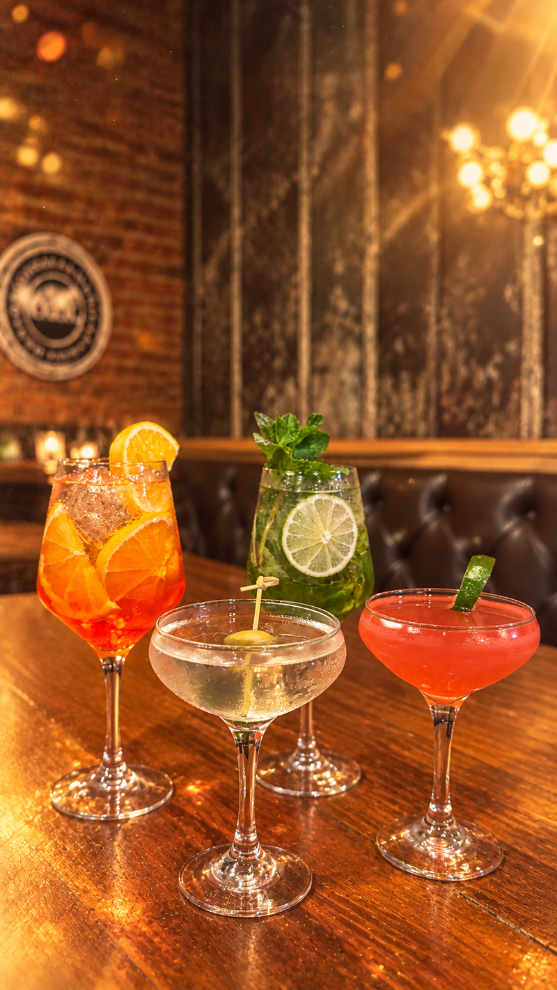 Spritzes and martinis on the bar under the OAK seal