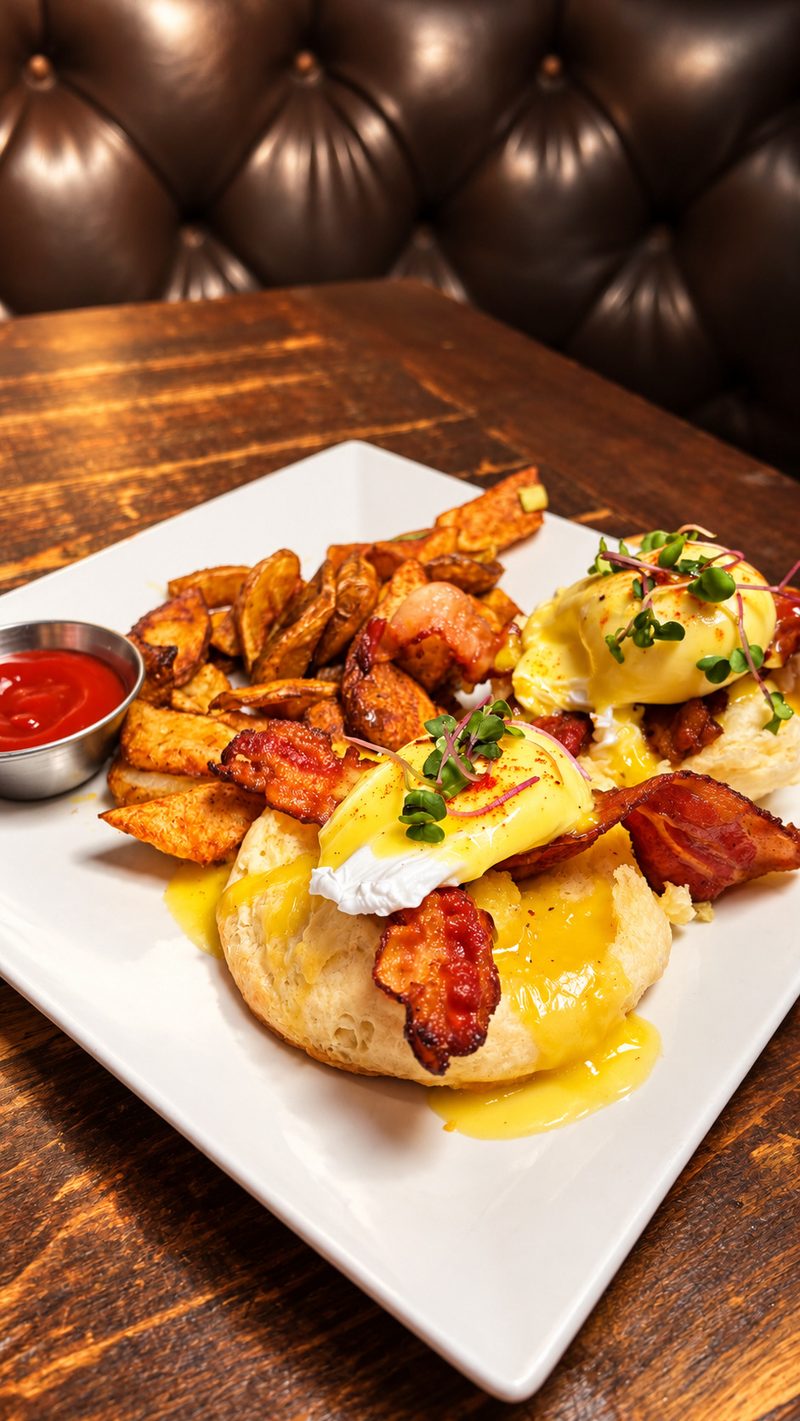 Eggs benedict with bacon and crispy potatoes