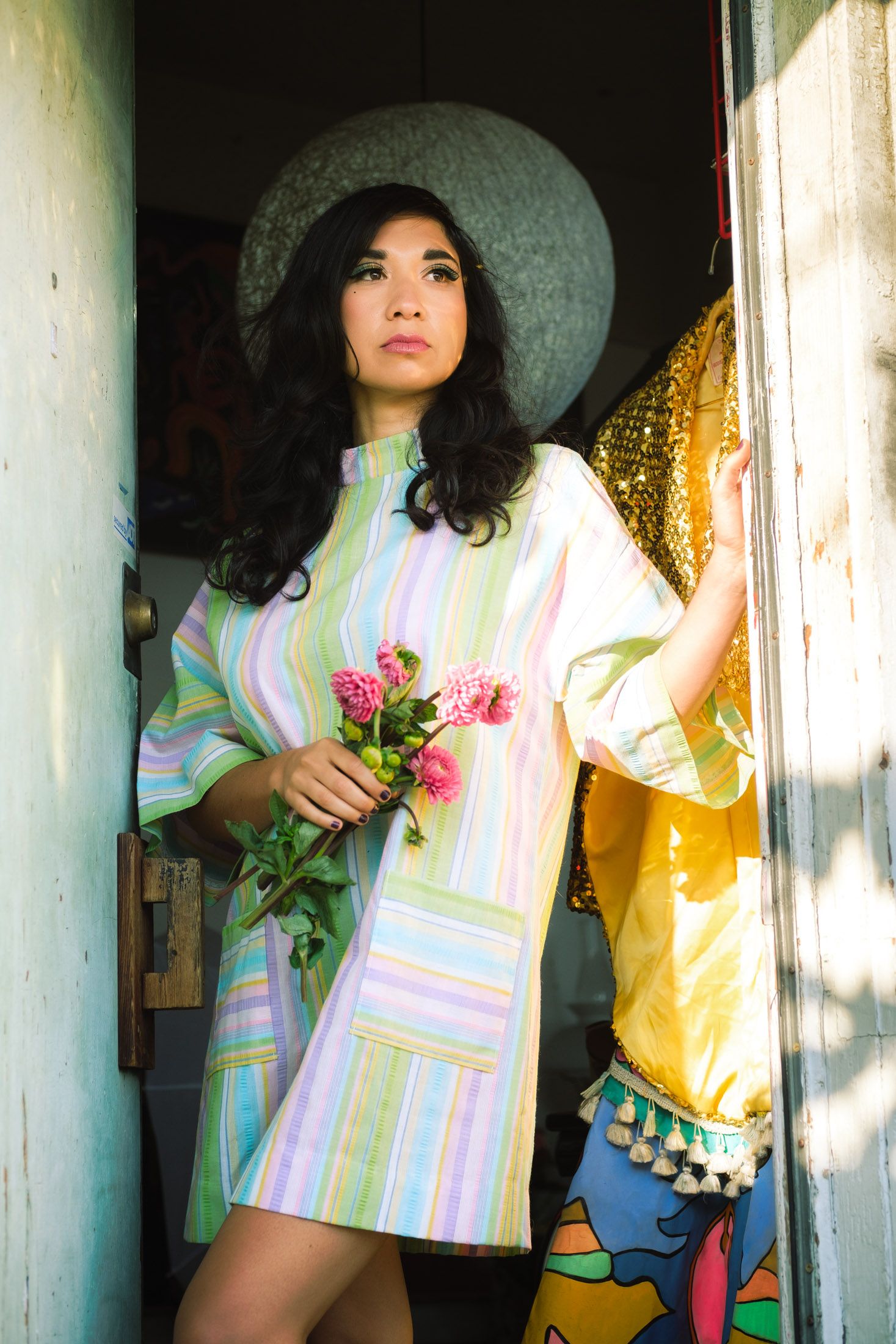 Ruby Mountain posing in vintage fashion as a singer in Oakland.