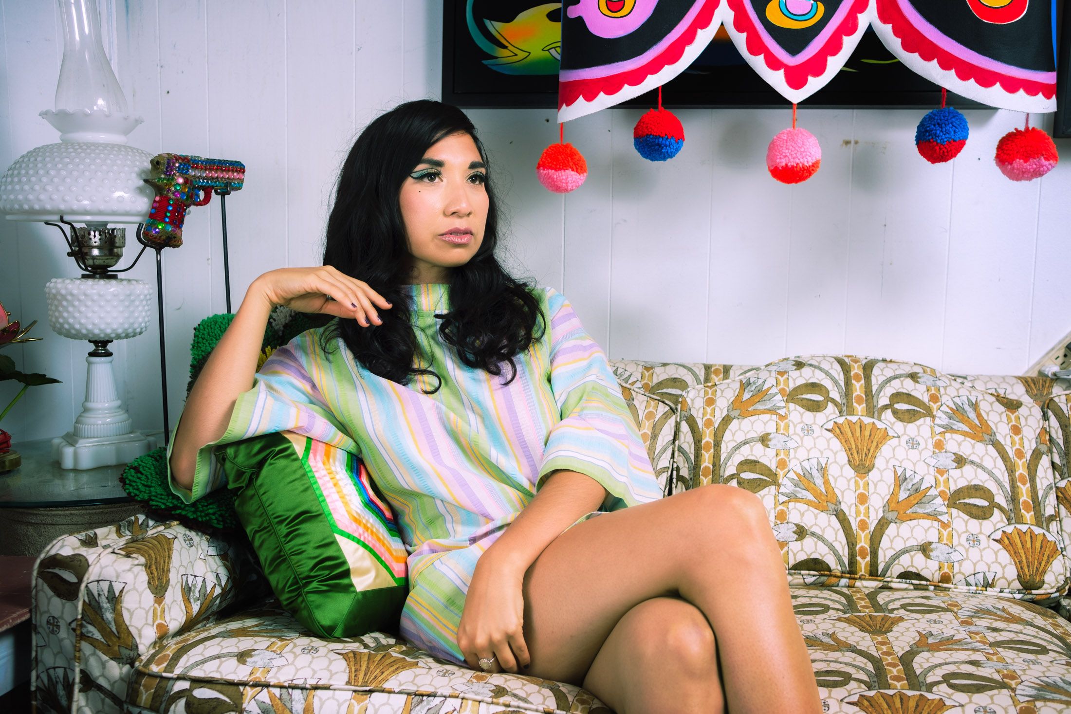 Ruby Mountain posing in vintage fashion as a singer in Oakland.