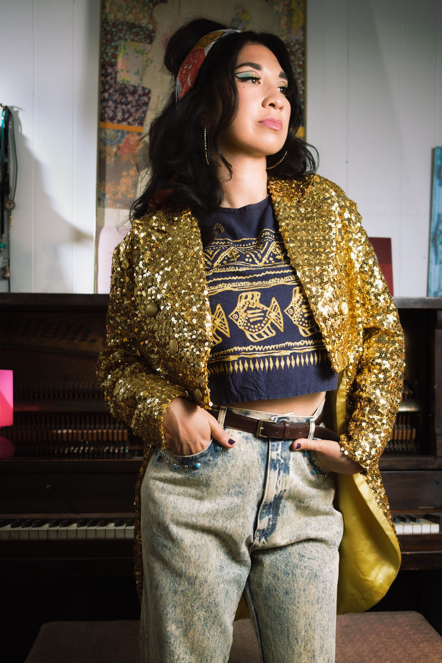 Ruby Mountain posing in vintage fashion as a singer in Oakland.