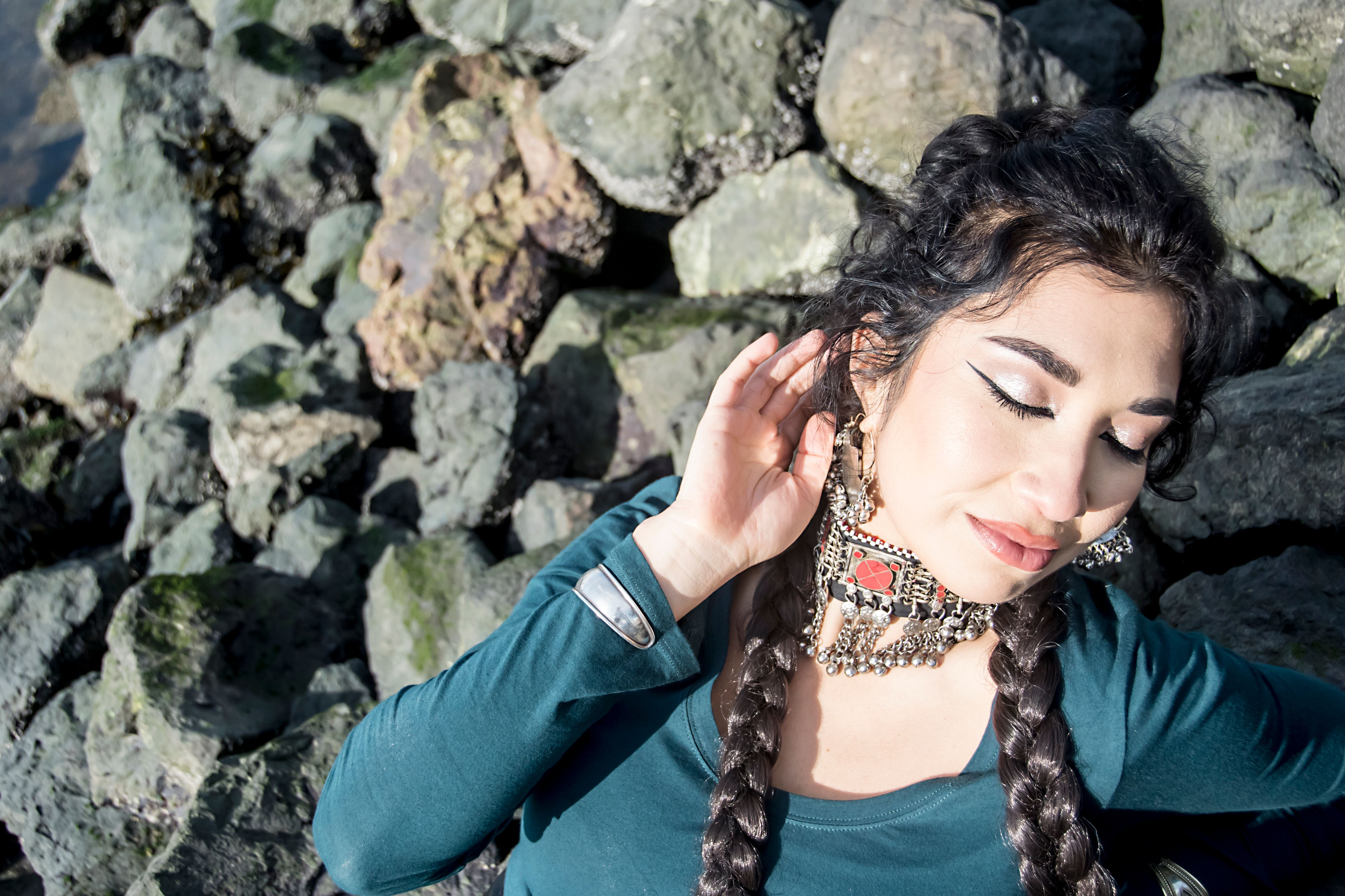 Afghan-inspired fashion worn by Ruby Mountain, singer photographed in Oakland.