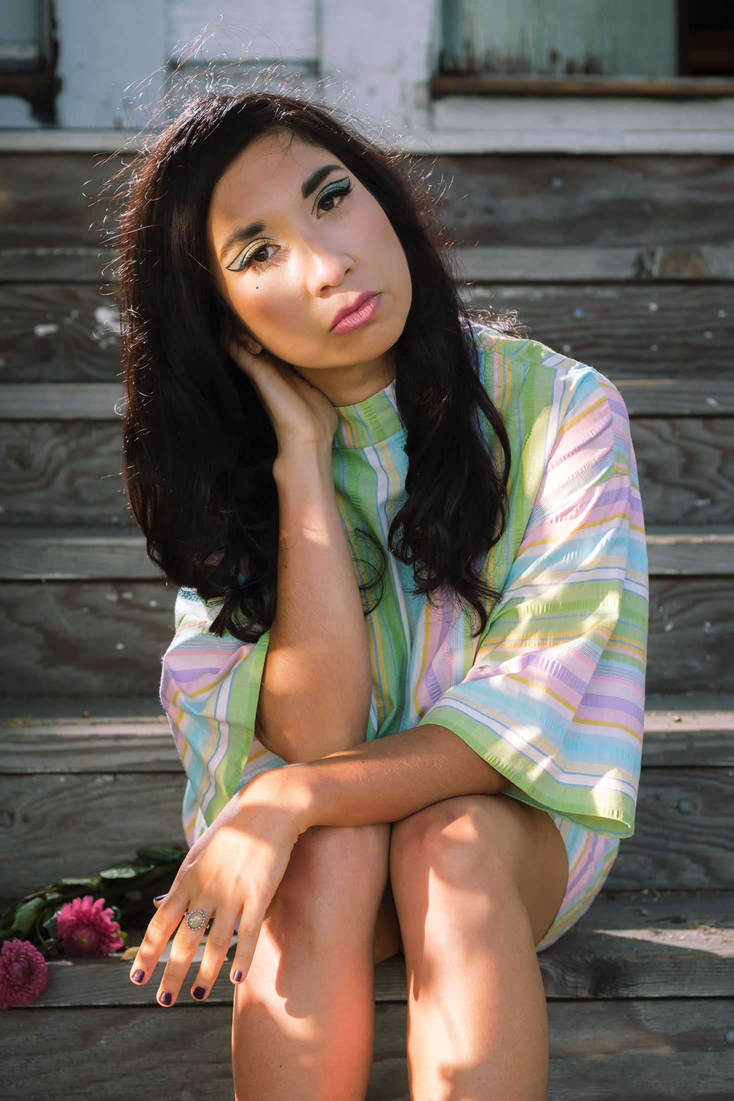 Ruby Mountain posing in vintage fashion as a singer in Oakland.