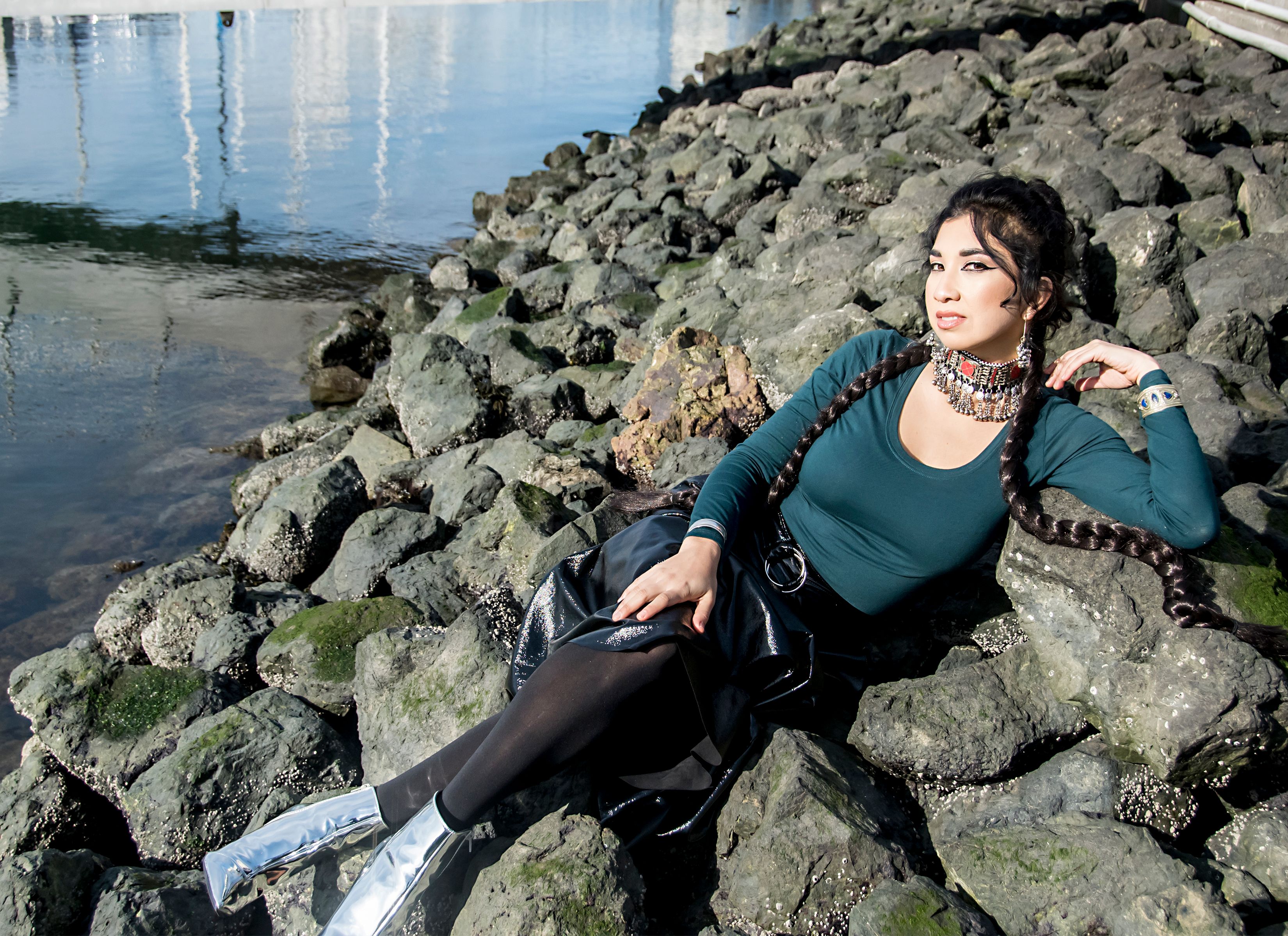 Afghan-inspired fashion worn by Ruby Mountain, singer photographed in Oakland.