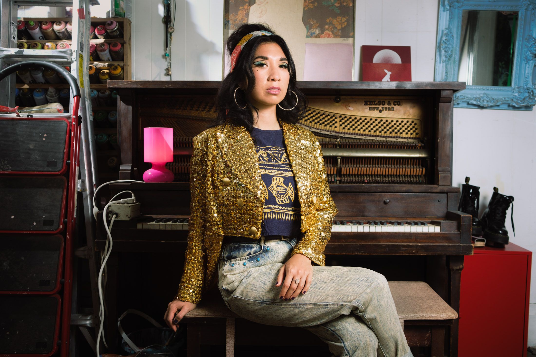 Ruby Mountain posing in vintage fashion as a singer in Oakland.