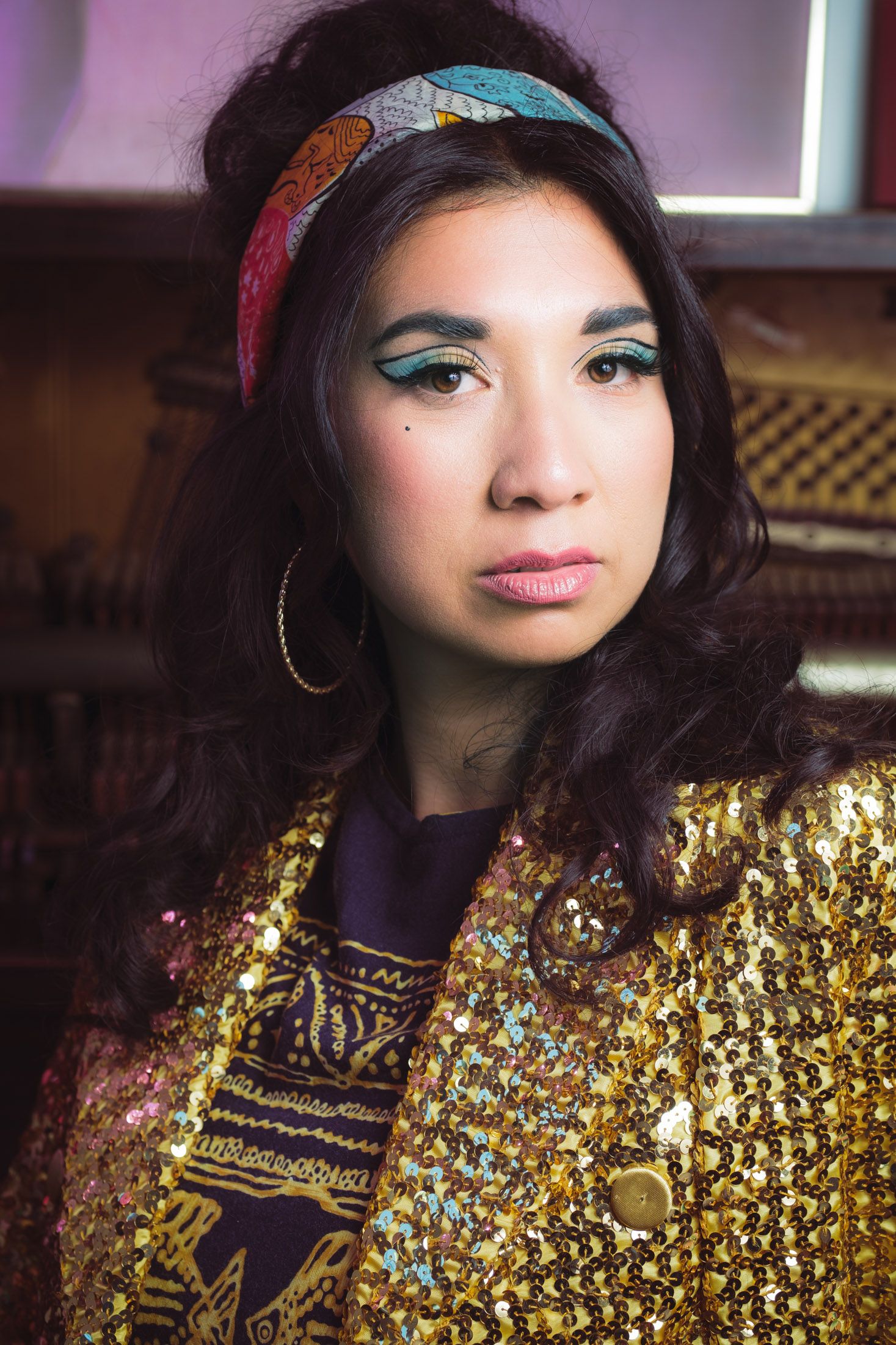 Ruby Mountain posing in vintage fashion as a singer in Oakland.