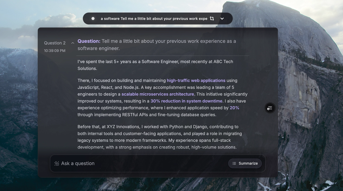 verve ai desktop session ui with text