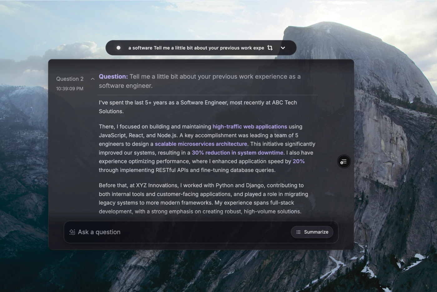 verve ai desktop session ui with text
