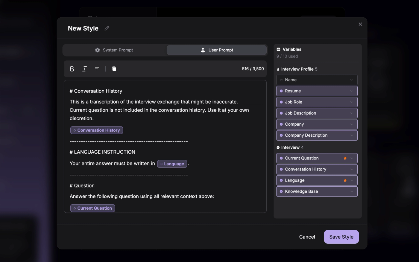 verve ai custom prompt style editor