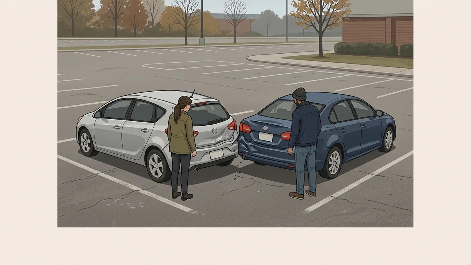 Twee beschadigde personenauto's die tegen elkaar staan bij het achteruit verlaten van een parkeervak.