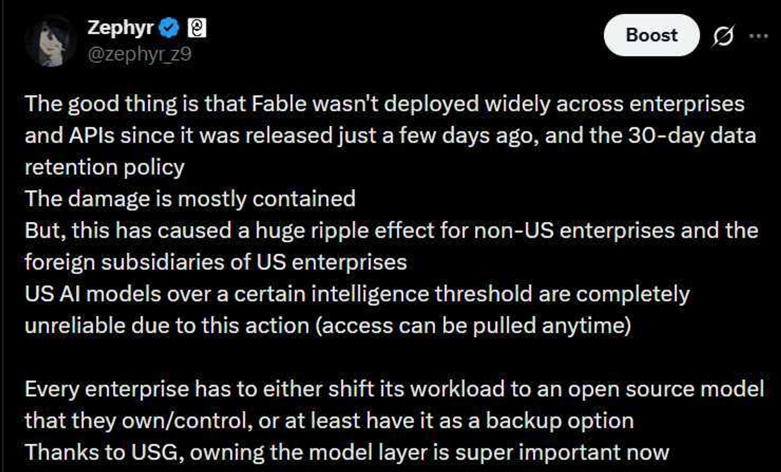 X post from Zephyr, detailing the risk of deploying Fable across enterprises given the recent recall.