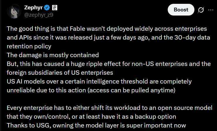 X post from Zephyr, detailing the risk of deploying Fable across enterprises given the recent recall.