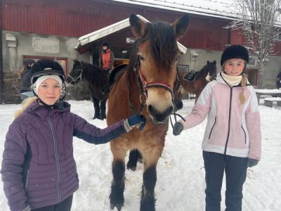 To jenter står med en hest mellom seg. 