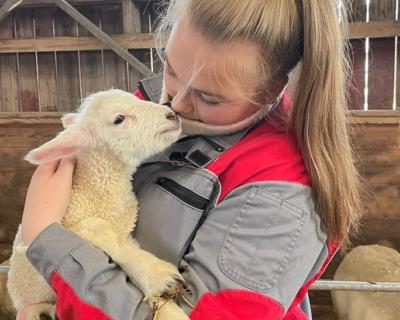 Elev med et lite lam på armen.