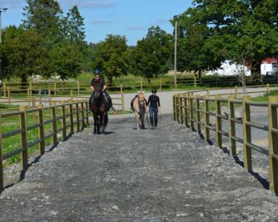To elever med hest på ridesti som er inngjerdet.
