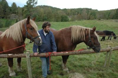 Stallmester Jørgen Kvarme står mellom to hester på et jorde.