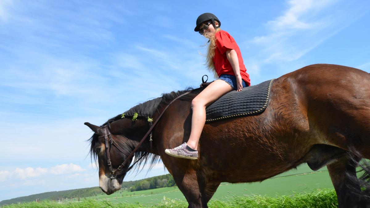 To elever rir hver sin hest på ridebane.