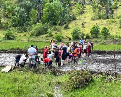 Mange mennesker står i vannet