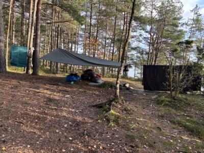 Hengekøyer og teltduk bundet opp i trestammer.