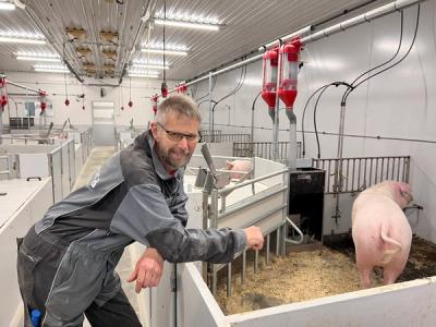 Mann som står ved en grisebinge - gris i bakgrunnen.