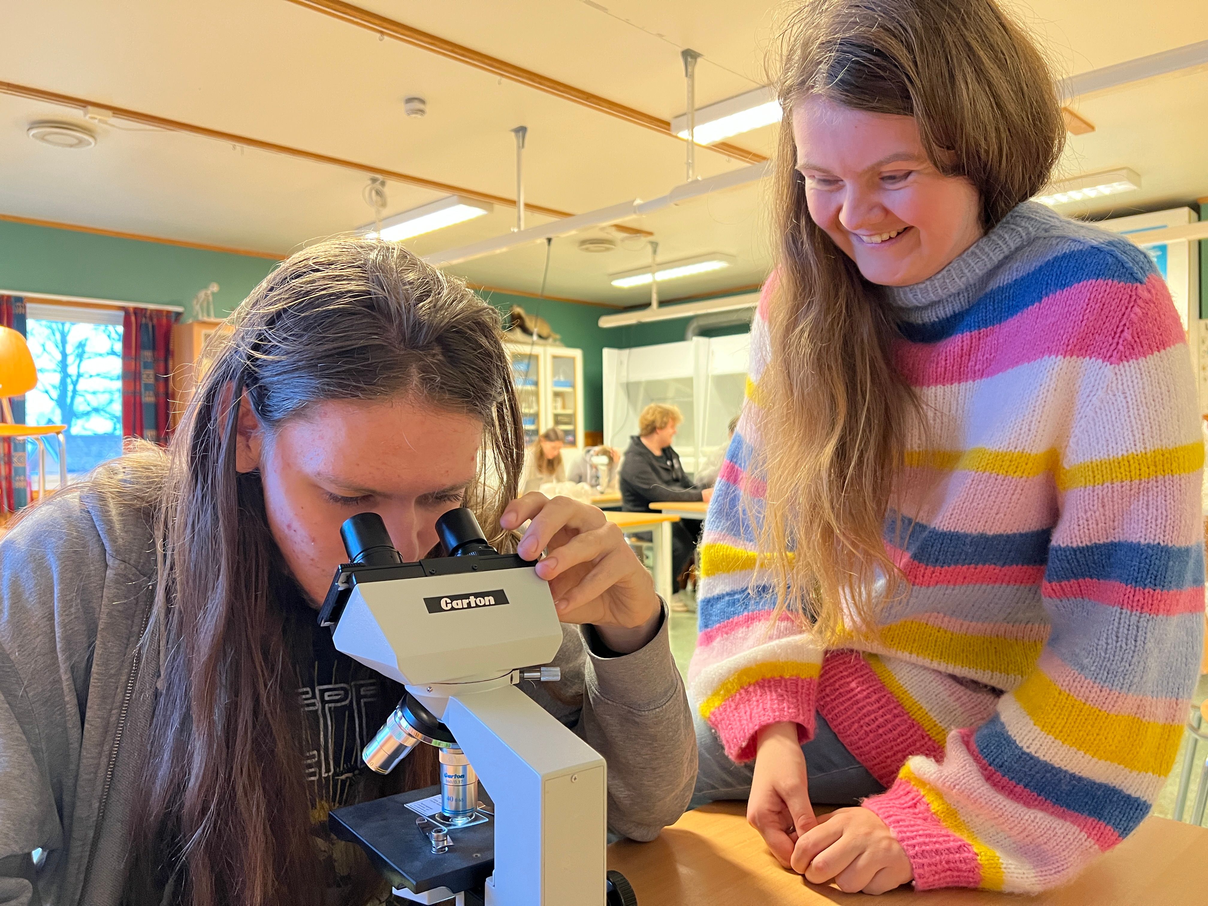 To elever sitter ved en skolepult og kikker i et miktoskop.