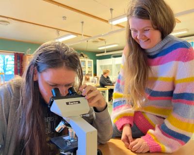 To elever sitter ved en skolepult og kikker i et miktoskop.