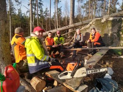Elevgruppe sitter samlet i skogen.