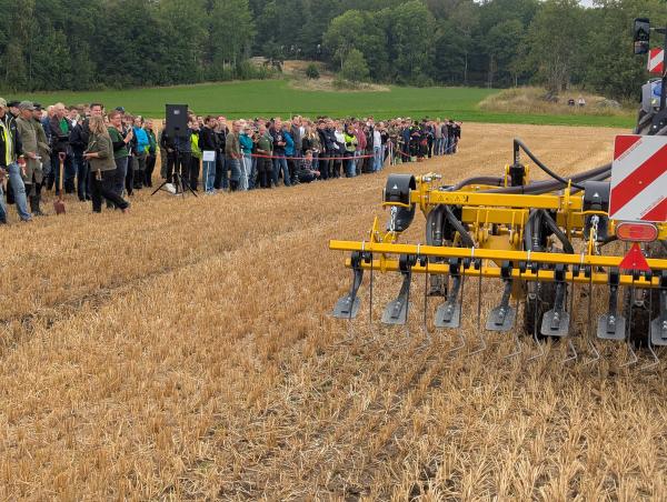 Mennesker er samlet på et jorde hvor det pågår harvedemonstrasjon - en stor harve blir kjørt gjennom en åker som nylig er tresket.