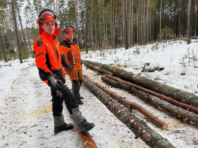 Elev og instruktør ved siden av tømmerstokker i skogen.