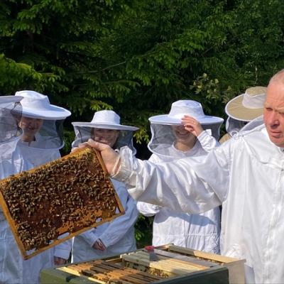 En birøkter viser fram plate med bier. 