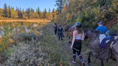 Elever som leier hest på en sti i fjellet.