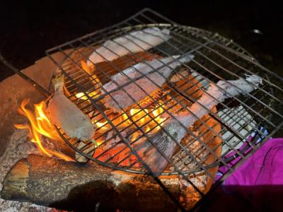 Fisk stekes på bål.