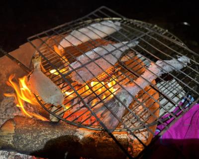 Fisk stekes på bål.