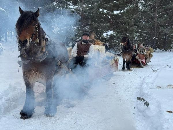 Mennesker sitter på sleder som trekkes av store hester. Det er snø og vinter.