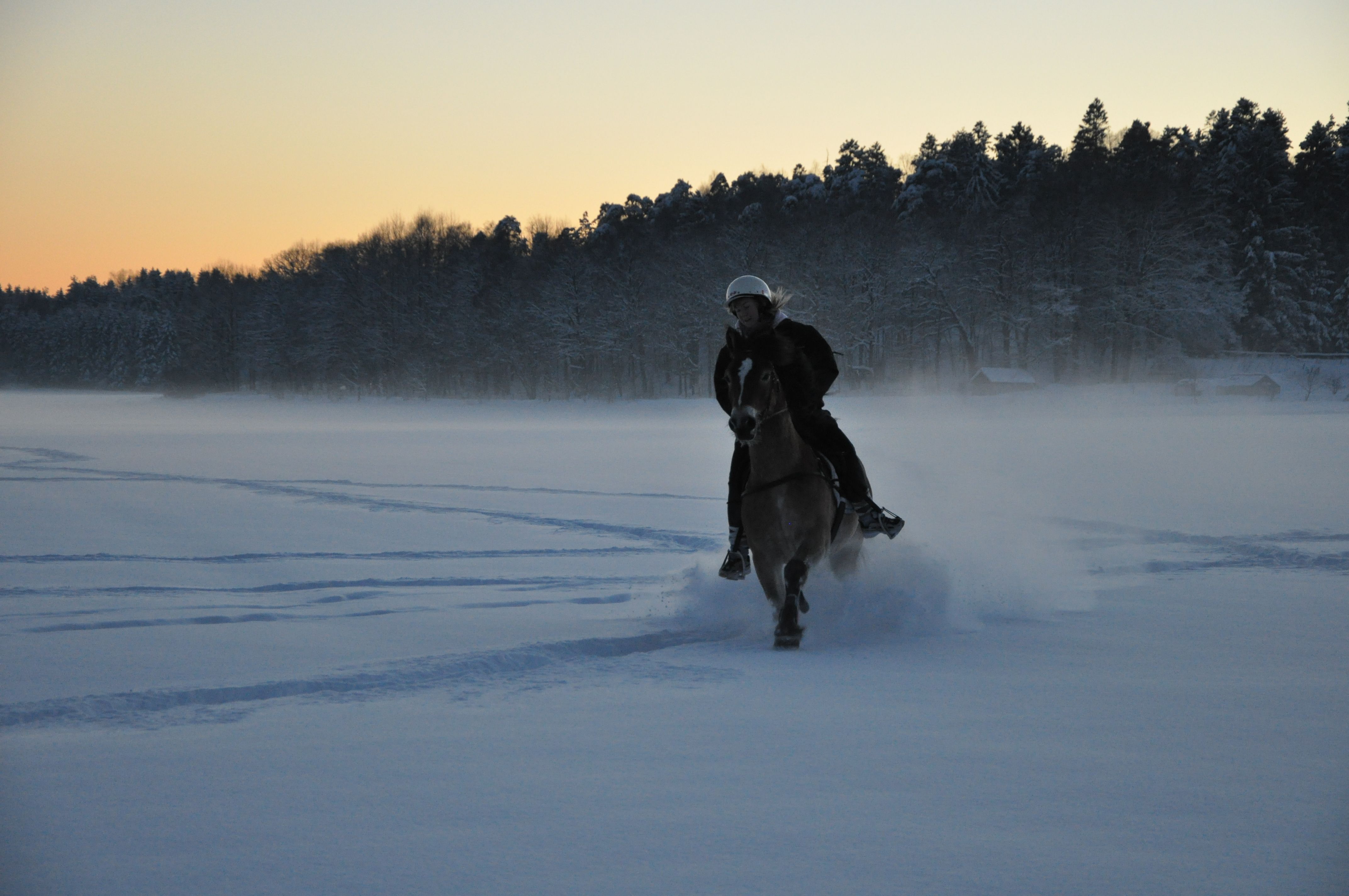 Elev som rir hest på jode som er dekket med snø.
